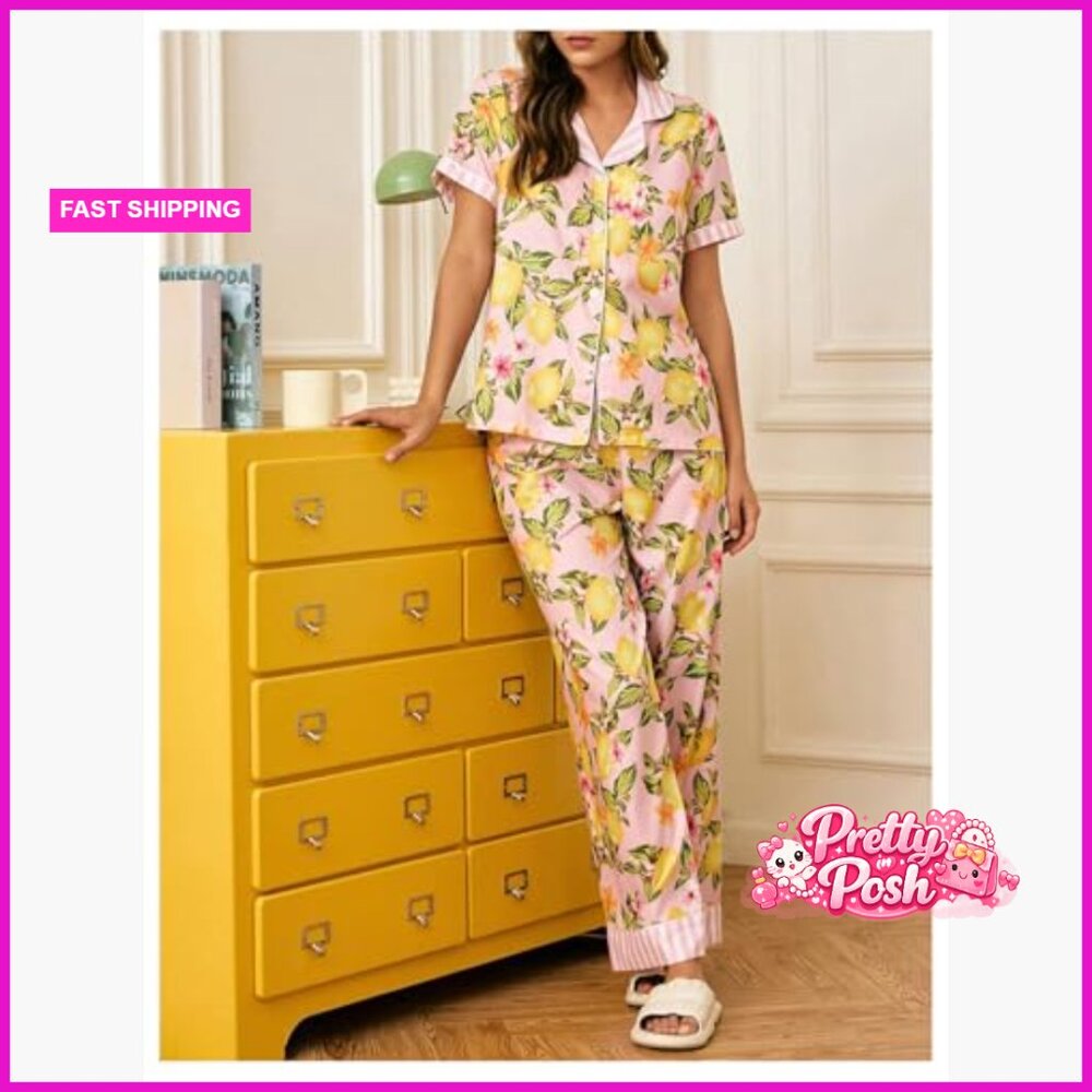 Polyester Blend Button Down Pajama Set Short Slee… - image 2